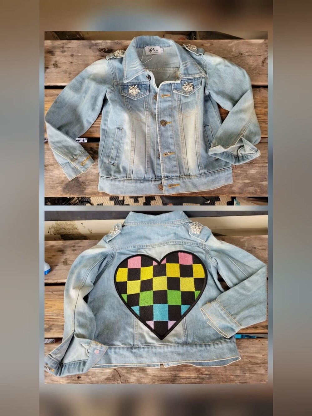 LOLA + THE BOYS Girls SZ 2 NWT LIGHT BLUE checker heart embroidered DENIM JACKET
